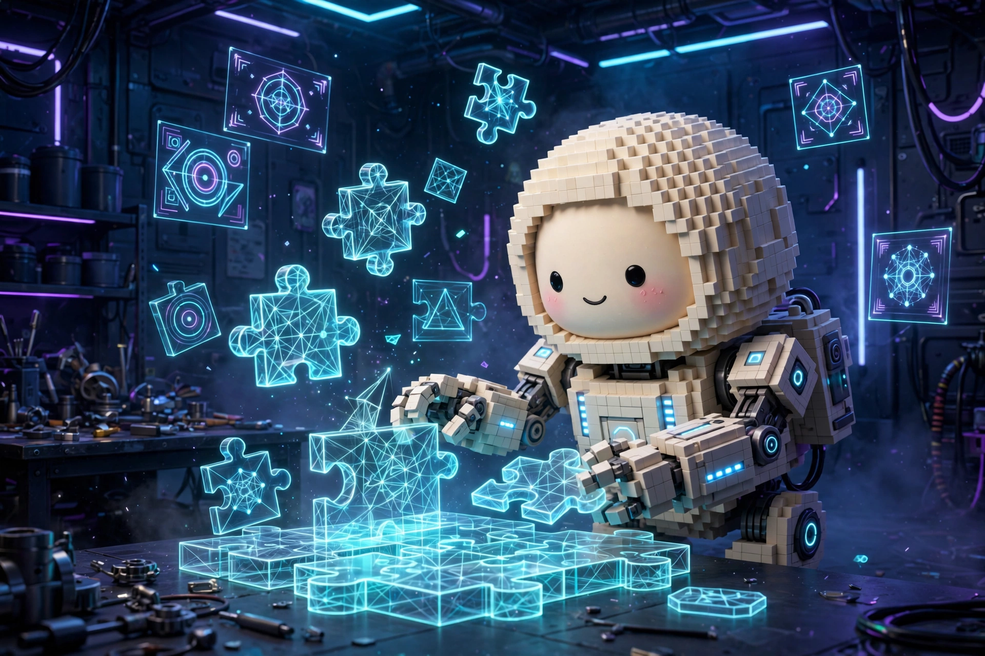 Blocky robot assembling code blocks